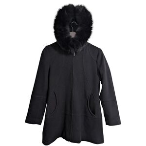 Sachi Collection Black Wool & Cashmere Fox Fur Trim Hooded Coat Size XS